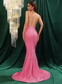 Plunging Neck Mermaid Hem Sequin Prom Dress