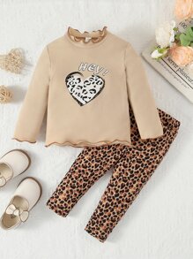 Baby Heart & Letter Graphic Lettuce Trim Tee & Leopard Print Trousers
