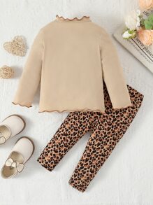 Baby Heart & Letter Graphic Lettuce Trim Tee & Leopard Print Trousers