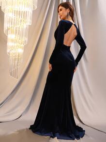 深V領高衩絲絨舞會連衣裙 - 藏蓝色 - 查看 2