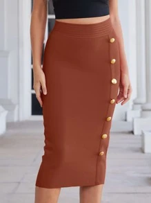 High Waist Button Front Pencil Skirt - Redwood - View 1