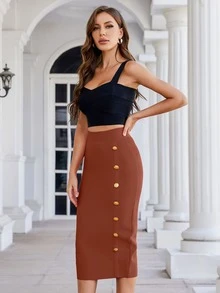 High Waist Button Front Pencil Skirt - Redwood - View 4