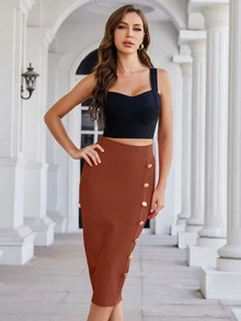 High Waist Button Front Pencil Skirt - Redwood - View 3