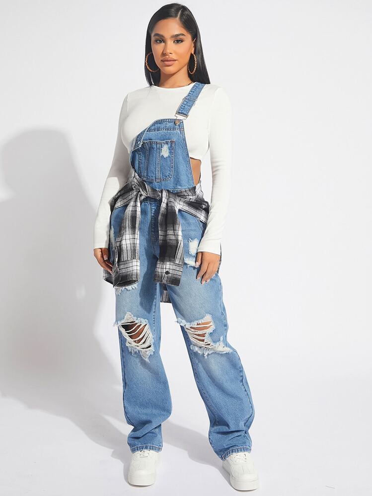 SHEIN SXY Ripped Denim Overalls Without Top - Light Wash - View 1