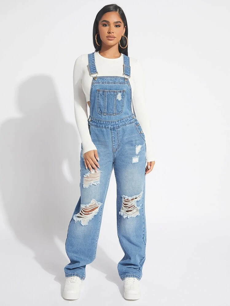 SHEIN SXY Ripped Denim Overalls Without Top - Light Wash - View 3