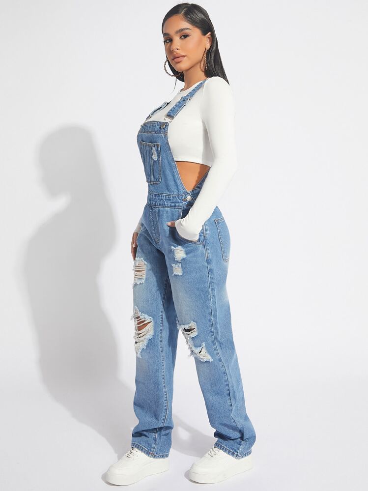 SHEIN SXY Ripped Denim Overalls Without Top - Light Wash - View 4