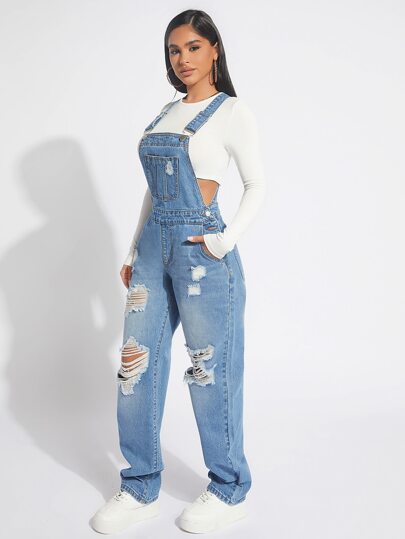 SHEIN SXY Ripped Denim Overalls Without Top