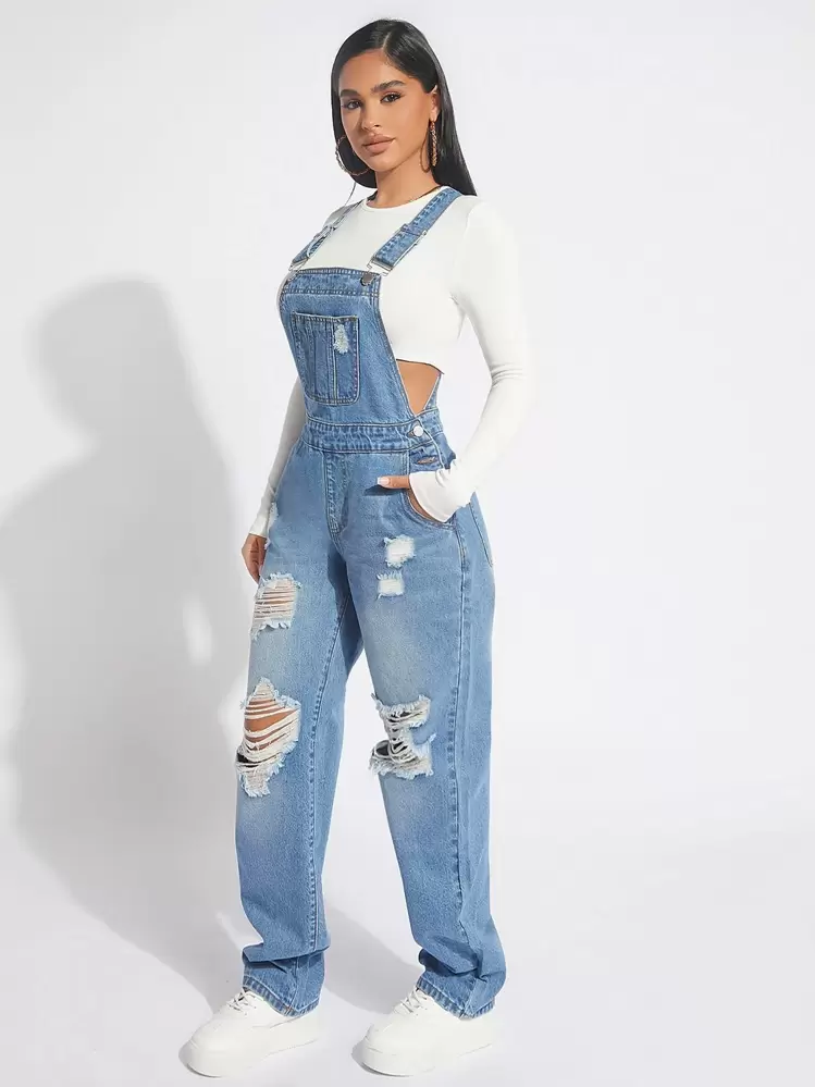 SHEIN SXY Ripped Denim Overalls Without Top - Light Wash - View 6