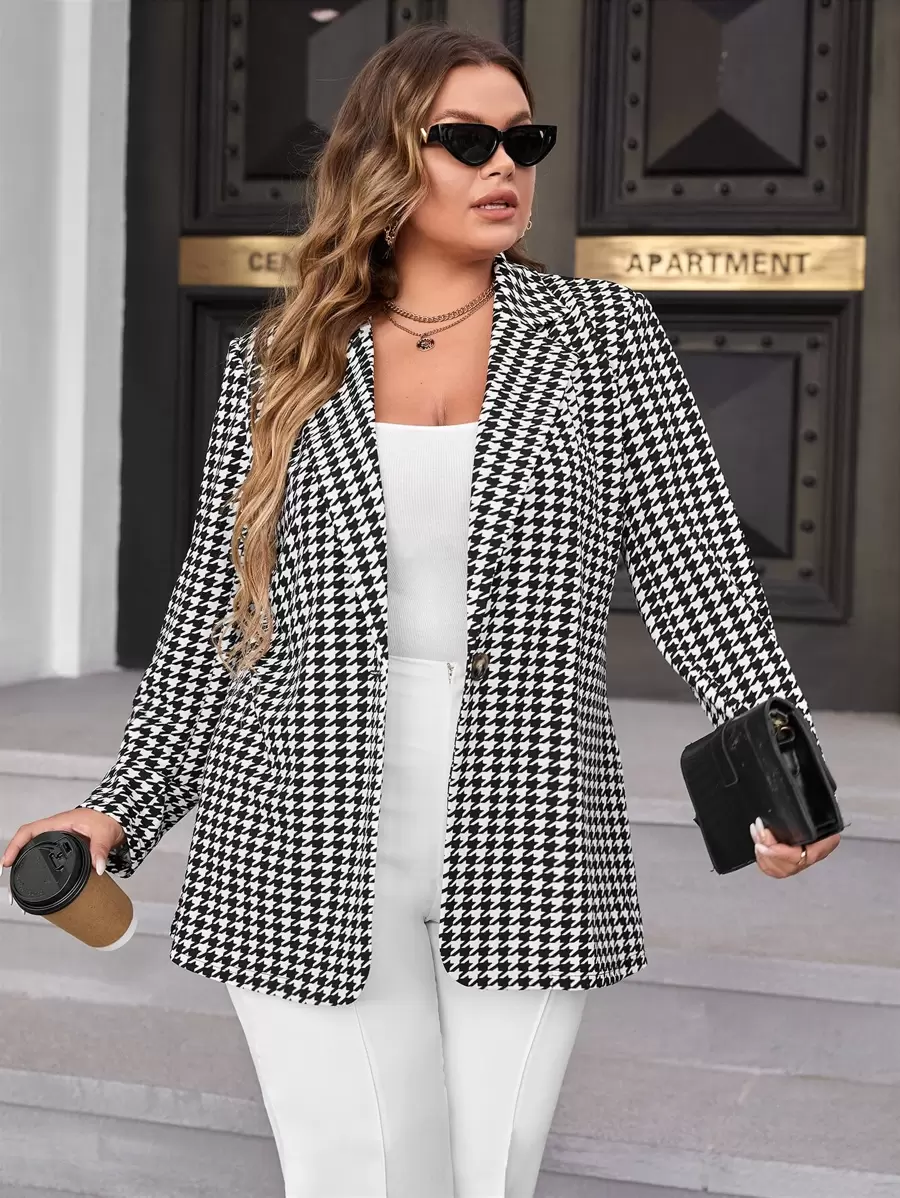 SHEIN Clasi Plus Houndstooth Single Button Blazer - Black and White - View 1