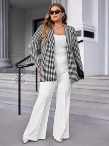 SHEIN Clasi Plus Houndstooth Single Button Blazer - Black and White - View 3