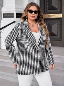 SHEIN Clasi Plus Houndstooth Single Button Blazer - Black and White - View 4