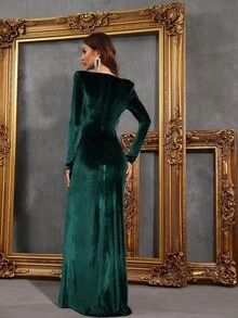 Faeriesty Surplice Neck Split Thigh Velvet Dress, Elegant Long Sleeve Formal Evening Prom Wedding Guest Gown, For Graduation, Dinner - Dark Green - View 2