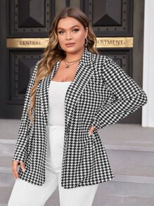 SHEIN Clasi Plus Houndstooth Single Button Blazer - Black and White - View 5