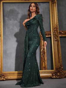 單肩側垂高衩亮片正式連衣裙 - 墨綠色 - 查看 3