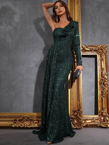 單肩側垂高衩亮片正式連衣裙 - 墨綠色 - 查看 4