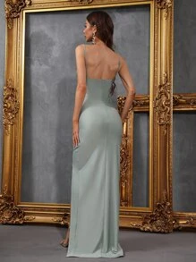 Elegant Strapless Sweetheart Evening Gown With Fitted Silhouette & Asymmetrical High Slit - Dress For Luxury Evening Banquets, Red Carpet Events & Glamorous Galas,Bridesmaid Dress - Mint Green - View 2