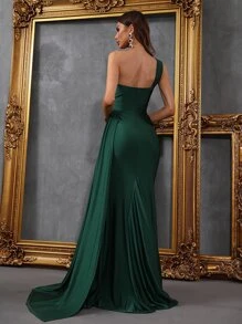 Faeriesty Elegant Women's One-Shoulder Asymmetric Draping Glossy Stretchy Knit Floor-Length Mermaid Gown – High Slit Fitted Silhouette For Weddings, Galas & Formal Events - Dark Green - View 2