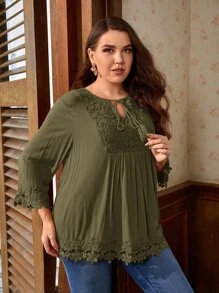 SHEIN VCAY 大碼繫帶領鏤空蕾絲花邊襯衫 - 軍綠色 - 查看 4