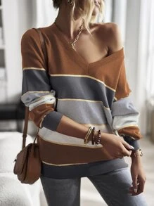 撞色落肩袖套頭毛衣 - 彩色 - 查看 1