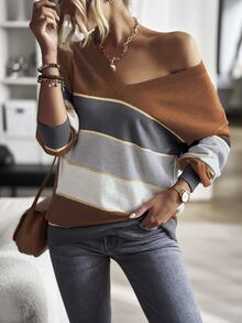 撞色落肩袖套頭毛衣 - 彩色 - 查看 3