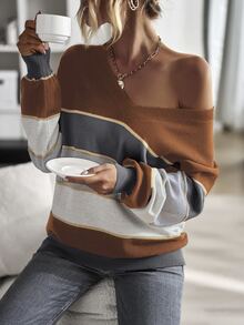 撞色落肩袖套頭毛衣 - 彩色 - 查看 4