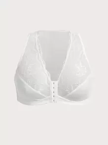 大碼蕾絲拼接前扣無鋼圈文胸 - 白色 - 查看 1