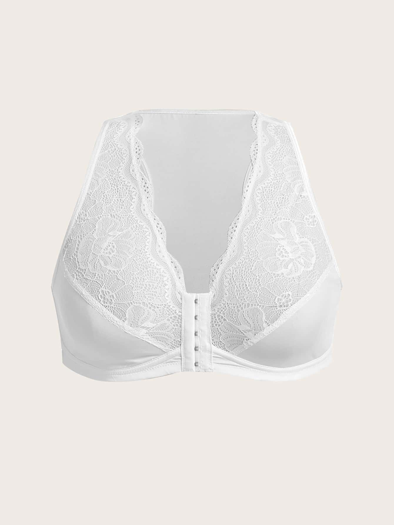 大碼蕾絲拼接前扣無鋼圈文胸 - 白色 - 查看 1