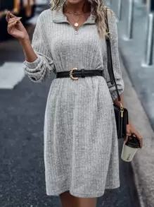 SHEIN LUNE 半開襟拉鏈落肩T恤洋裝不附腰帶 - 灰色 - 查看 3