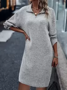 SHEIN LUNE 半開襟拉鏈落肩T恤洋裝不附腰帶 - 灰色 - 查看 4