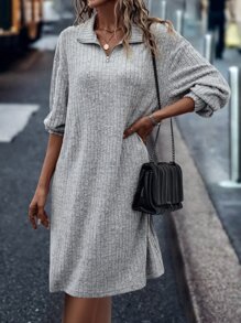 SHEIN LUNE 半開襟拉鏈落肩T恤洋裝不附腰帶 - 灰色 - 查看 5