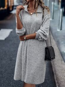 SHEIN LUNE 半開襟拉鏈落肩T恤洋裝不附腰帶 - 灰色 - 查看 6