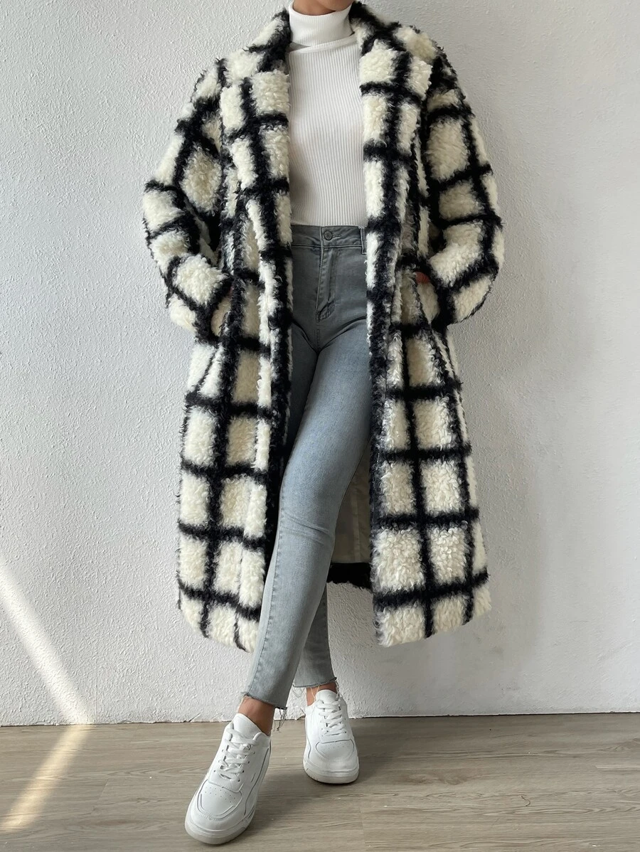 SHEIN EZwear Plaid Pattern Drop Shoulder Teddy Coat - Black and White - View 1