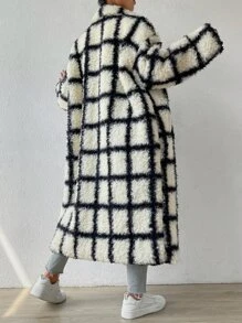 SHEIN EZwear Plaid Pattern Drop Shoulder Teddy Coat - Black and White - View 2