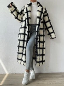 SHEIN EZwear Plaid Pattern Drop Shoulder Teddy Coat - Black and White - View 3