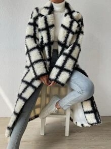 SHEIN EZwear Plaid Pattern Drop Shoulder Teddy Coat - Black and White - View 4