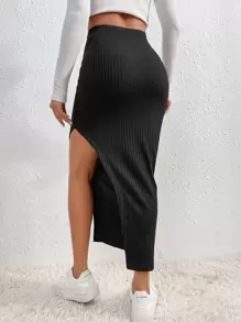 SHEIN Essnce High Waist Split Thigh Skirt - Black - View 2