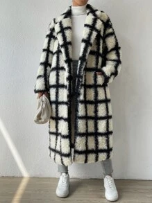 SHEIN EZwear Plaid Pattern Drop Shoulder Teddy Coat - Black and White - View 6