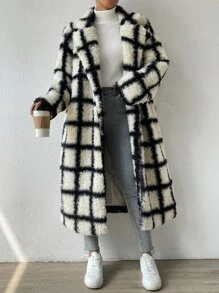 SHEIN EZwear Plaid Pattern Drop Shoulder Teddy Coat - Black and White - View 7