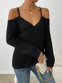 SHEIN Solid Cold Shoulder Jumper - Black - View 3