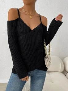 SHEIN Solid Cold Shoulder Jumper - Black - View 4