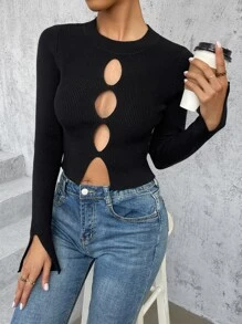 SHEIN Privé Cut Out Slit Cuff Sweater - Black - View 1