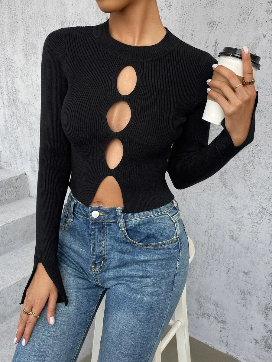 SHEIN Privé Cut Out Slit Cuff Sweater - Black - View 1