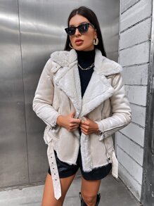 Zip Detail Belted Biker Jacket - White - View 1