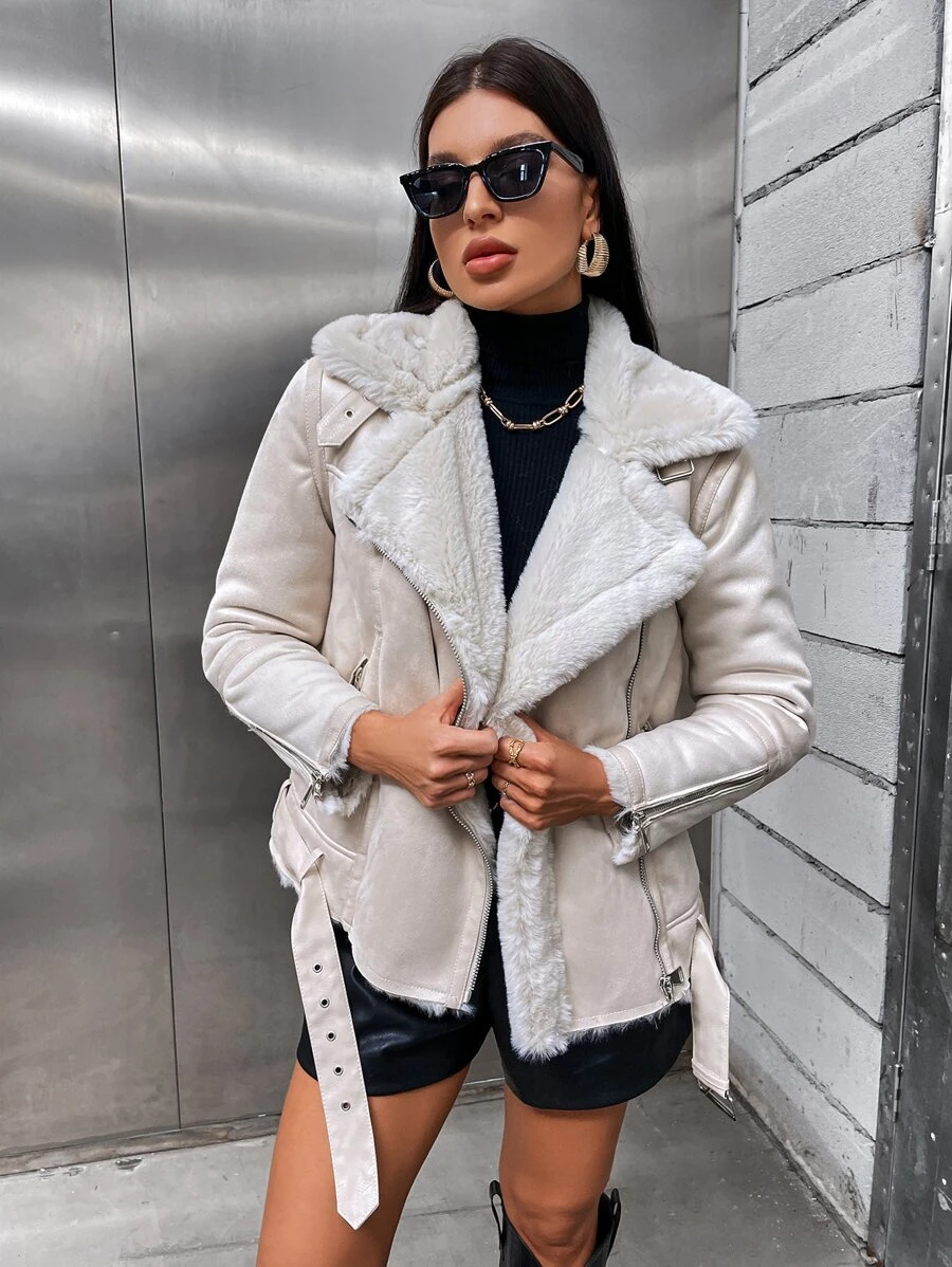 Zip Detail Belted Biker Jacket - White - View 1