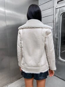 Zip Detail Belted Biker Jacket - White - View 2