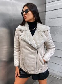 Zip Detail Belted Biker Jacket - White - View 3