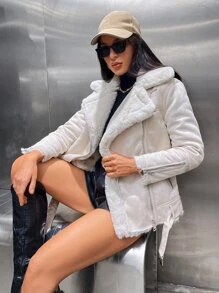 Zip Detail Belted Biker Jacket - White - View 5