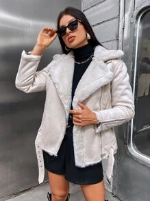 Zip Detail Belted Biker Jacket - White - View 6