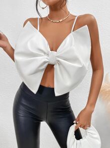 Solid Big Bow Front Cami Top - White - View 3