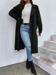 SHEIN LUNE Plus Lapel Neck Double Breasted Trench Coat - Black - View 2